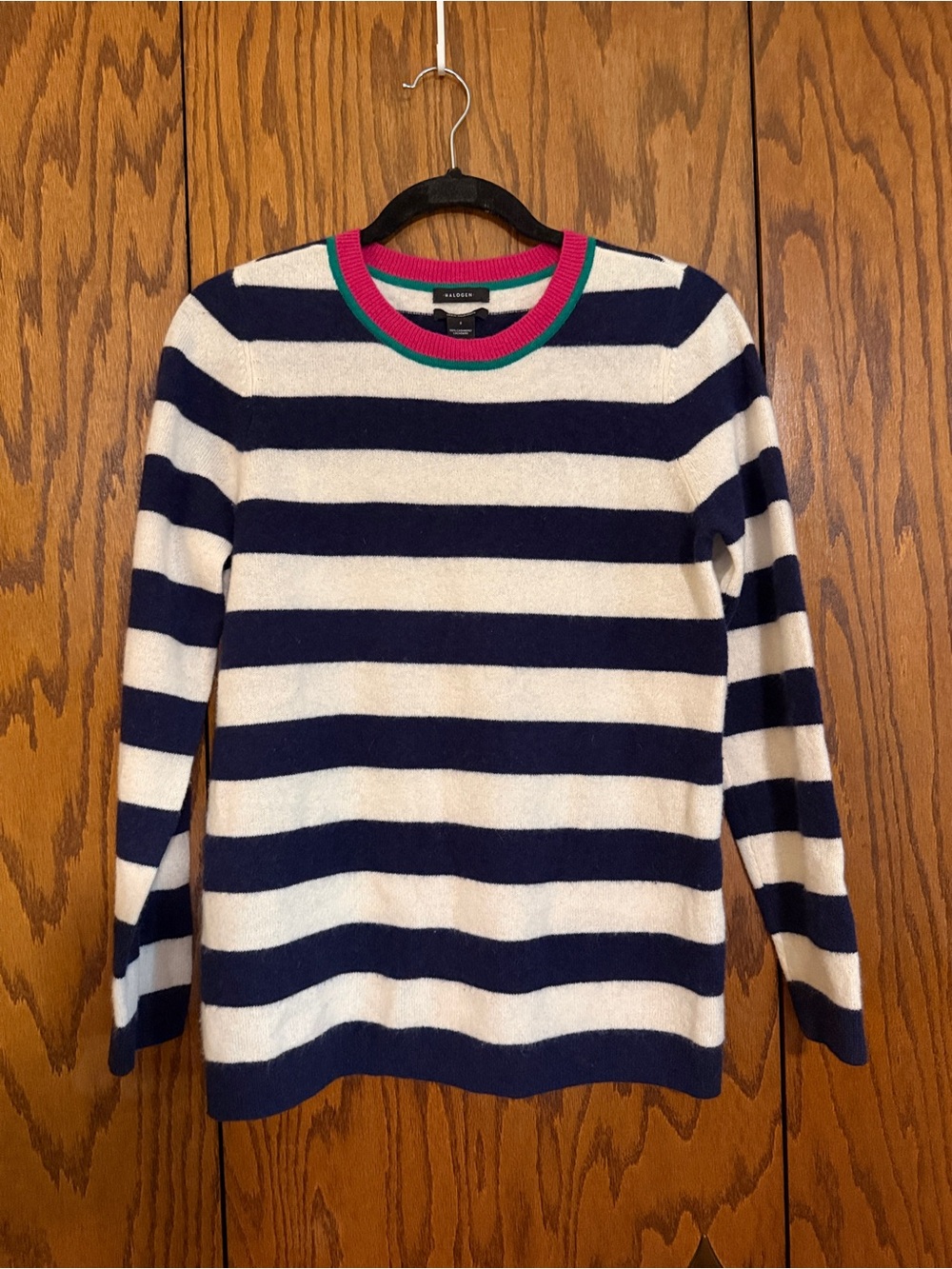 Halogen 100% Cashmere Striped Sweater Small Navy Ivory Pink Green - Picture 1 of 8
